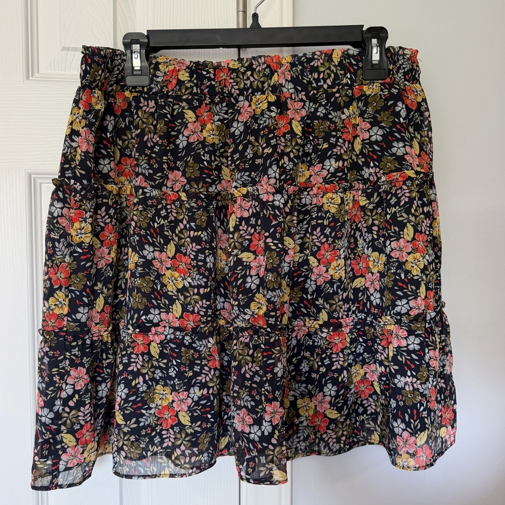 Floral Tiered Navy Midi Skirt